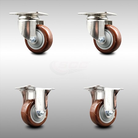 Service Caster 3 Inch 316SS Maroon Polyurethane Wheel Swivel Top Plate Caster Rigid SCC, 2PK SCC-SS31620S314-PPUB-MRN-2-R-2